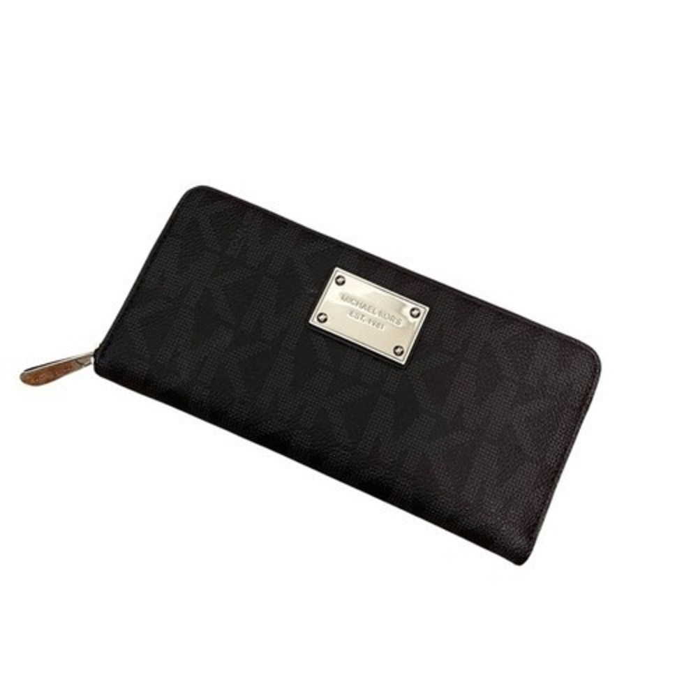 Michael Kors Black Signature Monogram Jet Set Continental Zip Around Wallet